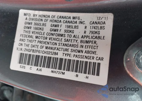 2012 Honda Civic Hf из США, поврежденный, VIN 2HGFB2F61CH325284